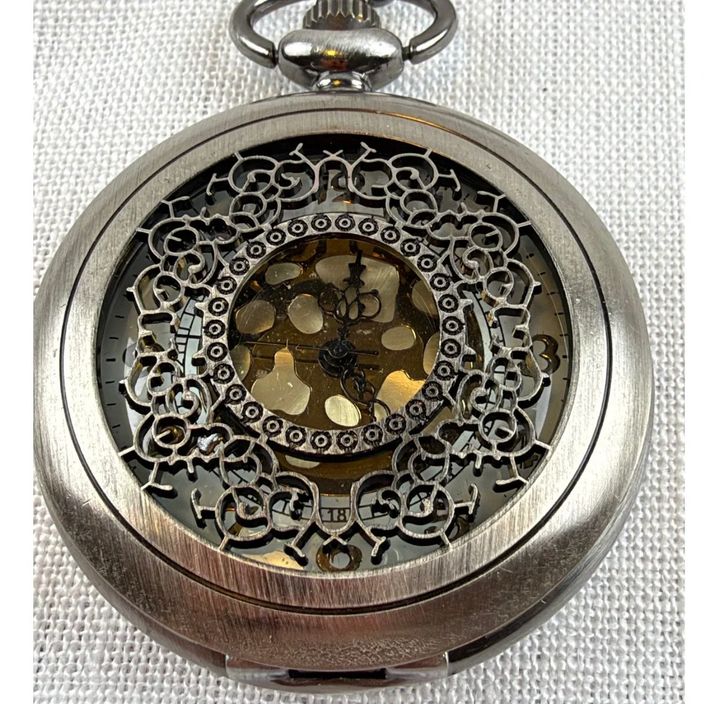 Gunmetal Filigree Skeleton Pocket Watch Vintage Ornate Engraved Case Steampunk